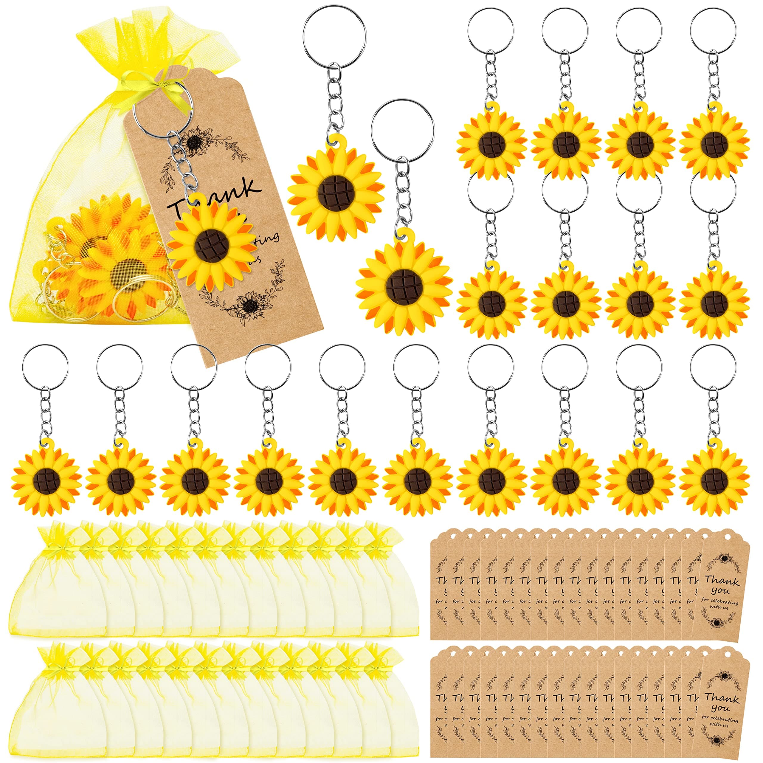 OSNIE 60 Pcs Sunflower Party Favors Include Keychains Organza Bags Thank You Kraft Tags, Cutie Sunflower Ornament Keychains Pendants Hanging Return Gifts for Spring Birthday Bridal Wedding Baby Shower