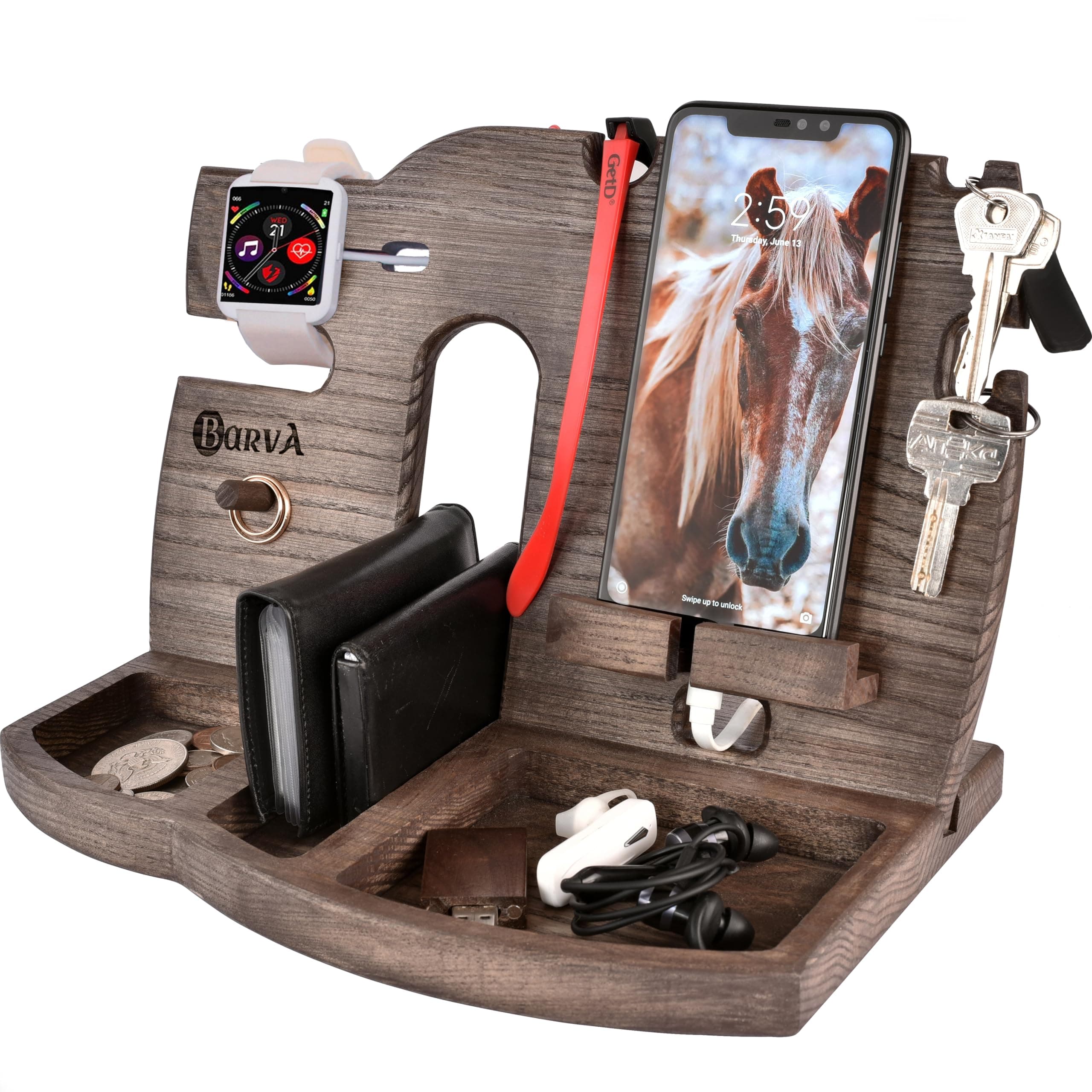 BARVA Gifts for Men Dad Birthday Idea Wood Docking Station Phone Rustic Nightstand Organizer Table Charging Dock Watch Charging Stand Wallet Key Gadget Device Bedside Holder Bedroom Desk Accessories