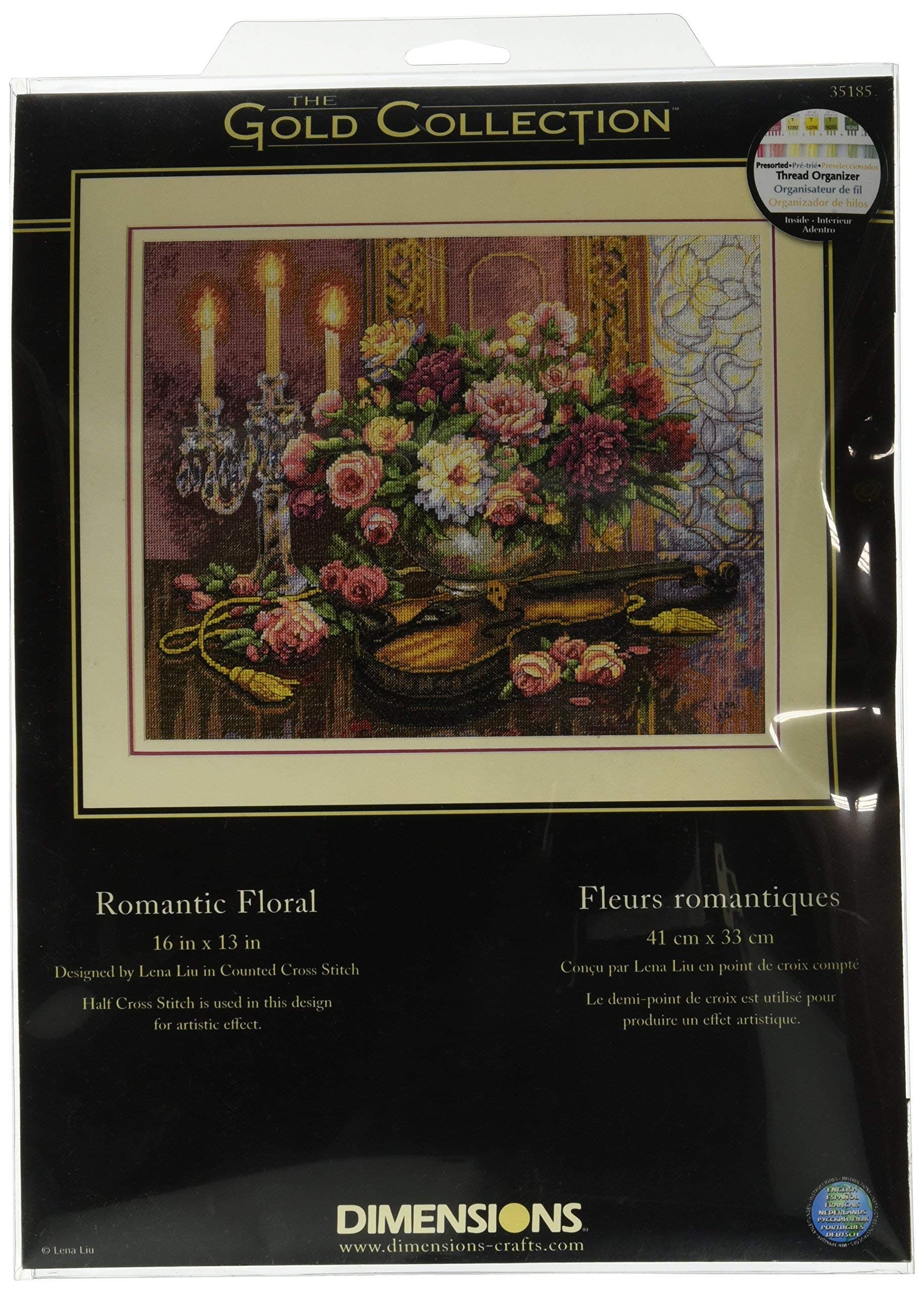Gold Collection Counted Cross Stitch Kit, Romantic Floral, 14 Count Beige Aida, 13'' x 16''