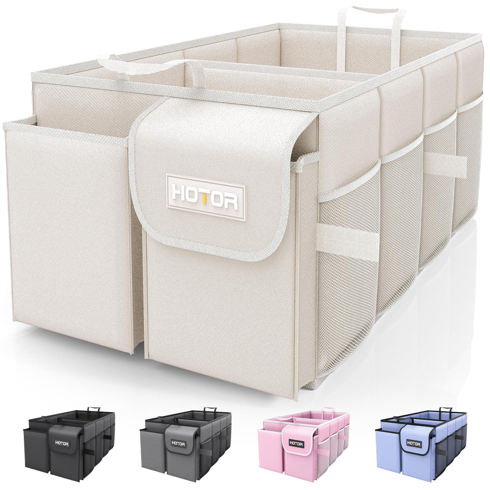 HOTOR Trunk Organizer - Foldable Car Storage for SUVs & Sedans, Sturdy Organization for Accessories, Tools, Sundries, Beige, 2 Compartments, 21.3"12.6"10.6"