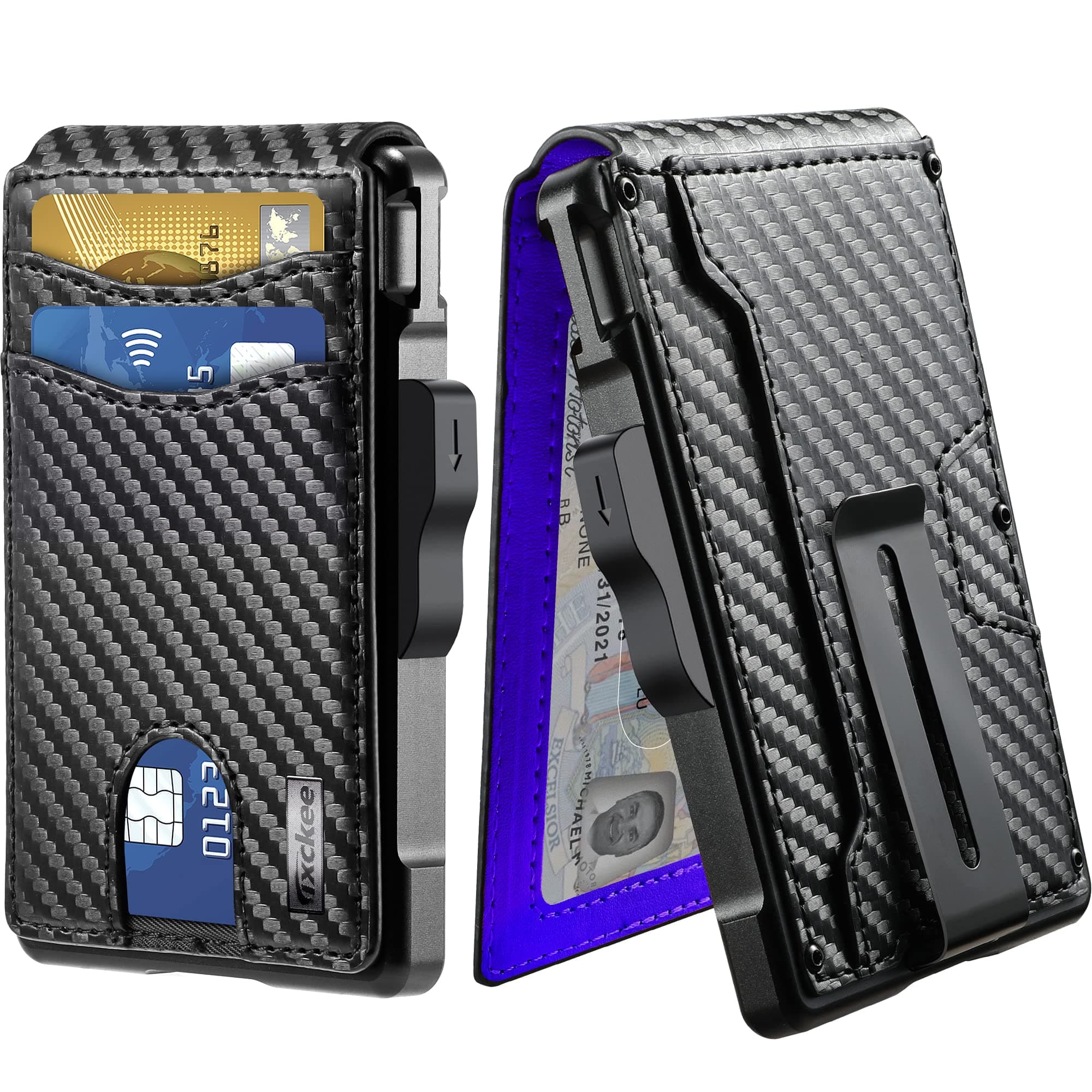 umoven Wallet for Men - with Money Clip Slim Leather Slots RFID Blocking Bifold Minimalist Wallet, Carbon Black and Blue, Minimalist