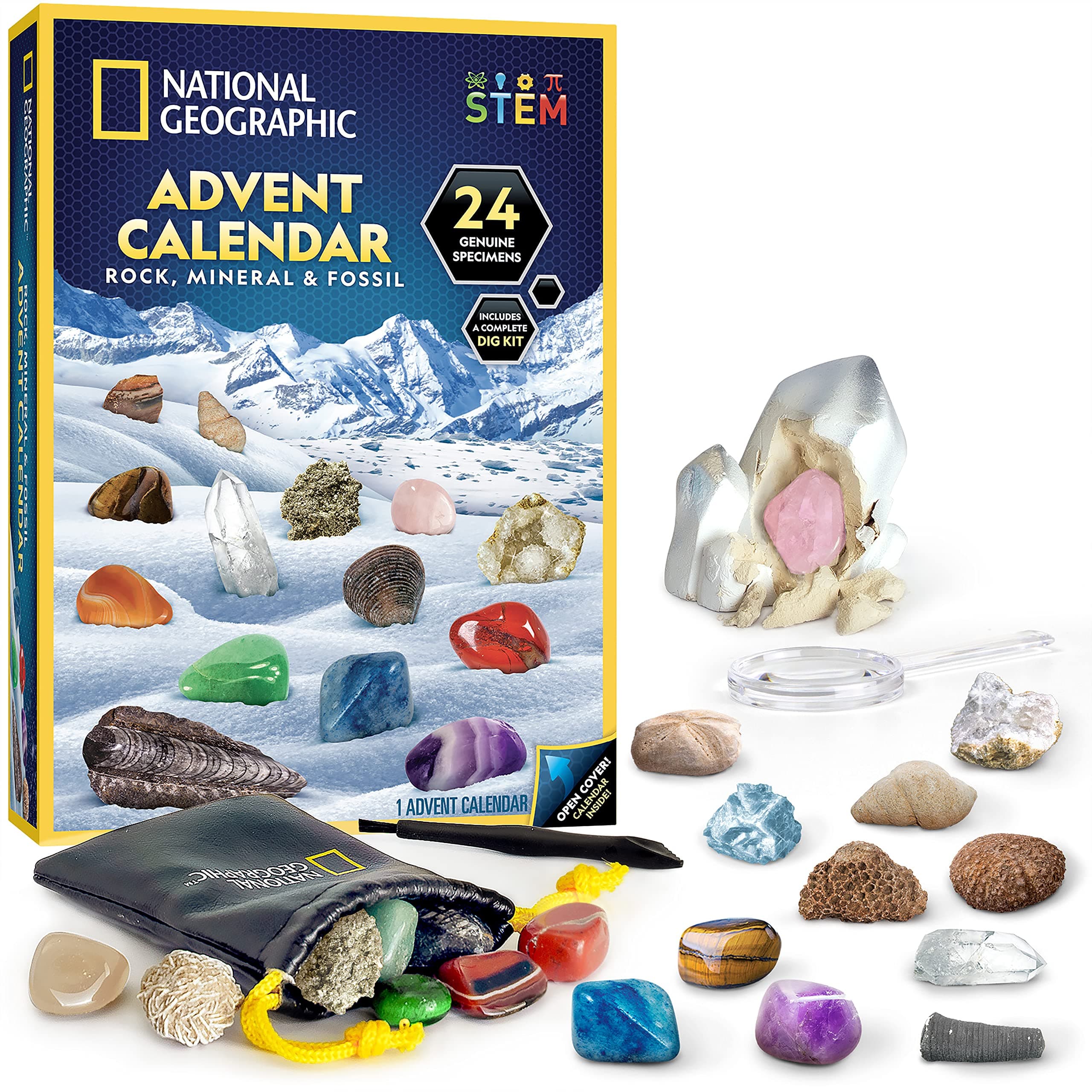 NATIONAL GEOGRAPHIC STONE COLLECTION 2022 Advent Calendar for Kids 24 Gems Ore Fossil Gemstone and Fossil Christmas Countdown Calendar with Small Gem Mining Kit