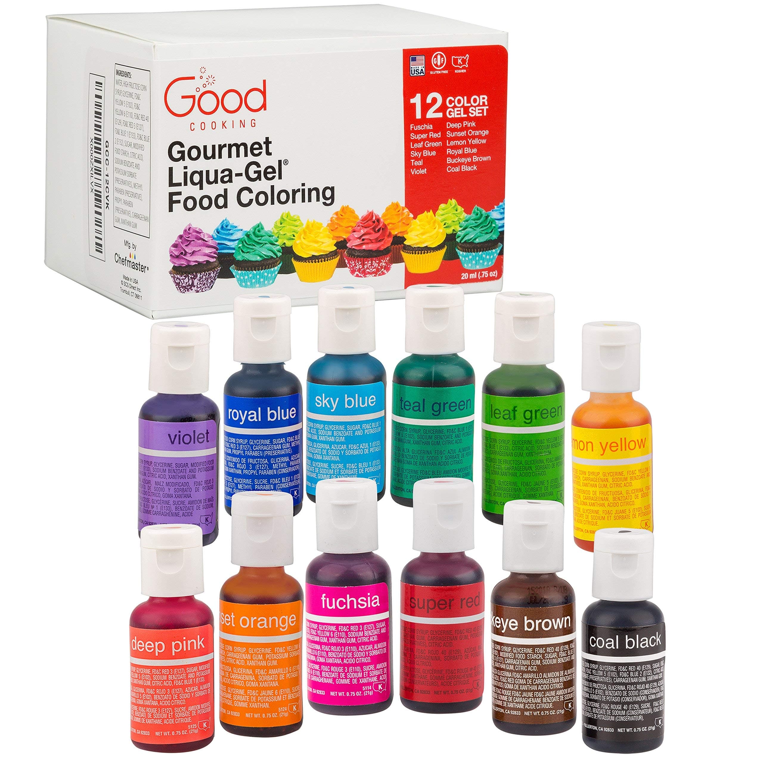 Good Cooking Coloring Liqua-Gel 12 PK (9 oz, 264 mL) - 12 Bold Primary Color Kit in .75 fl. oz (22mL) Bottles - for Baking, Decorating, Fondant, DIY Slime, Crafts and More