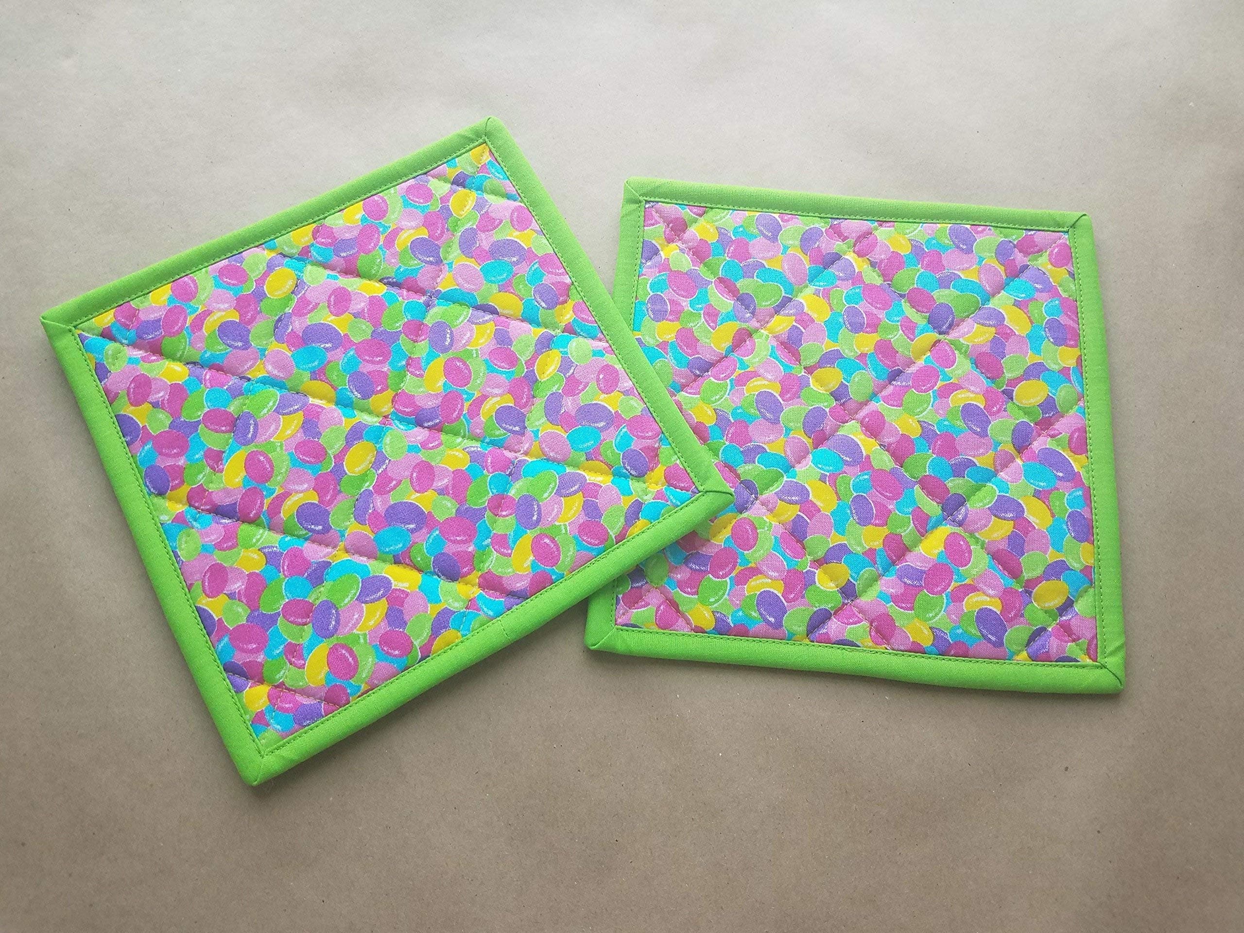 Jelly Bean Potholders Set of 2, Easter, Spring, Confectioner, Insulated Trivets, Quilted Hot Pads, Candy Kitchen Linens, Bright, Whimsical Home Decor Gifts Under 20 Handmade Passover