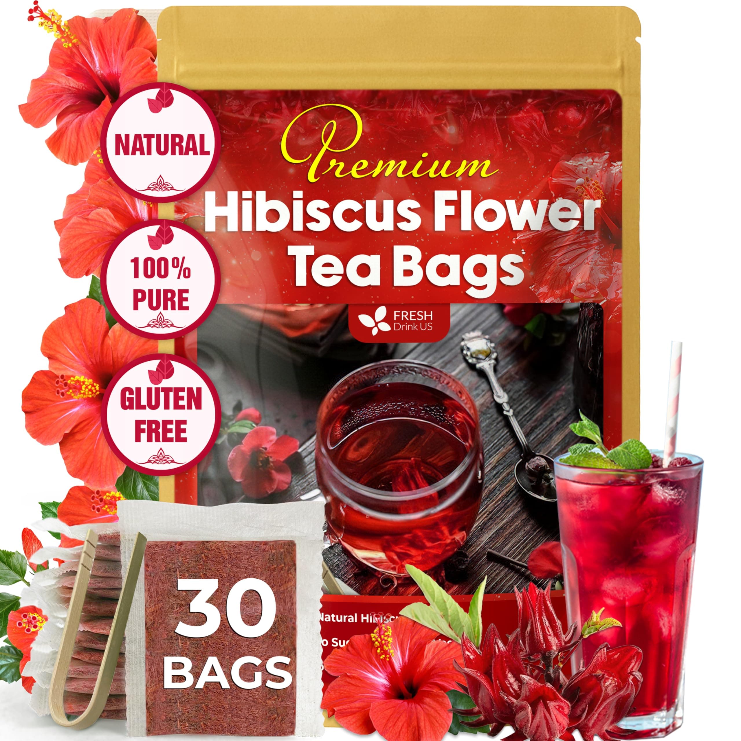 FreshDrinkUS, Premium 30 Hibiscus Flowers Tea Bags, 100% Natural & Pure from Hibiscus Flowers. Loose Flower Herbal Tea. No Sugar, No Caffeine, No Gluten, Vegan.