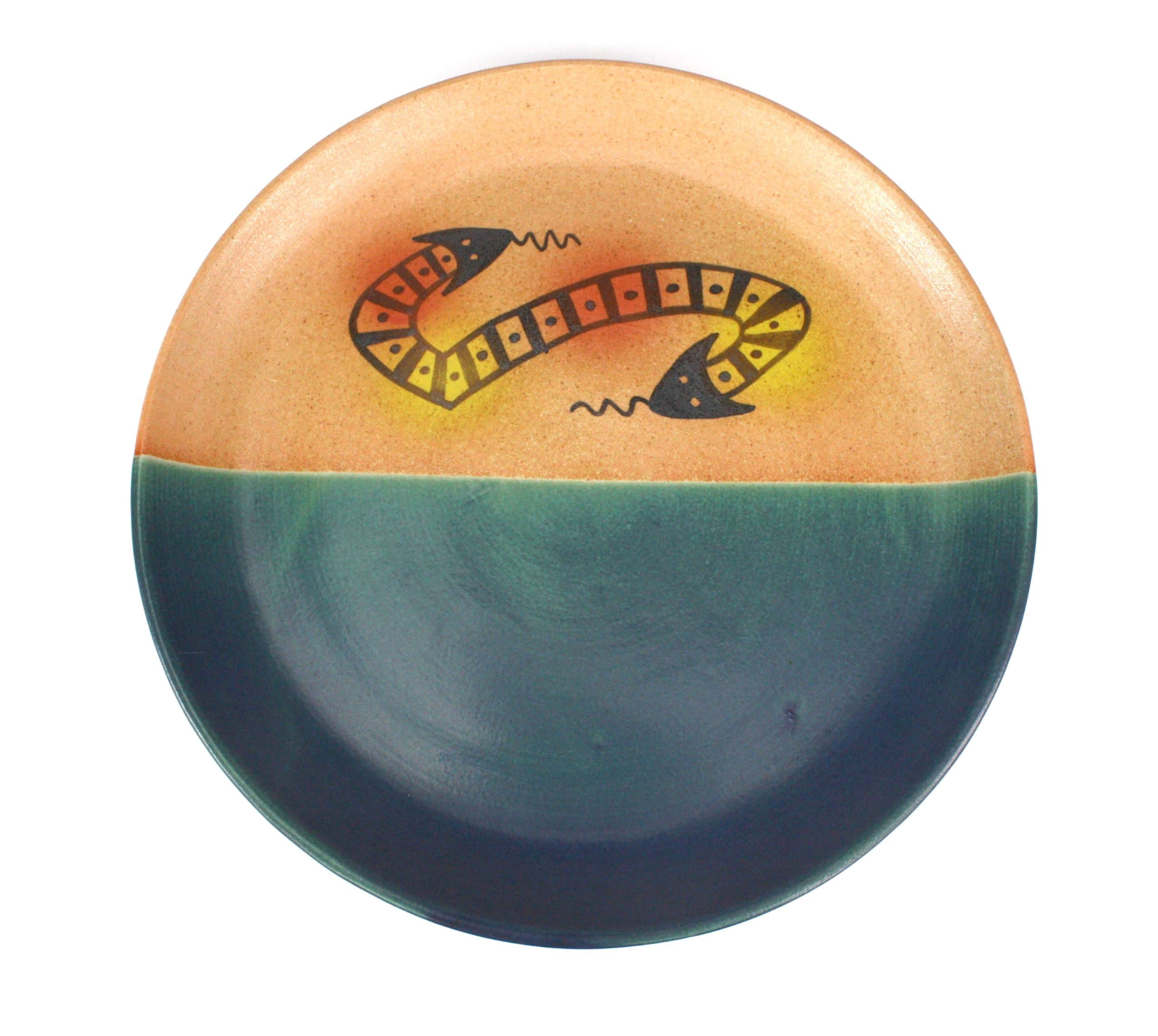 Thai ceramic plates - Primitive design - large size, hand decorated - SNAKE. 33cm.