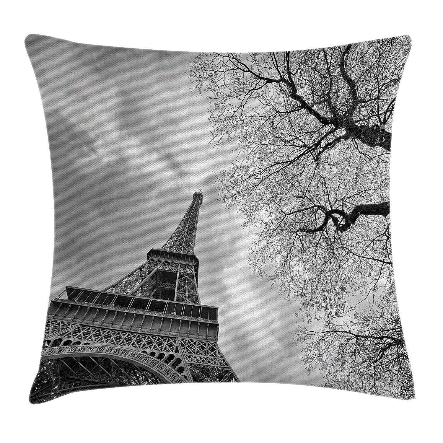 JIMSTRES Eiffel Tower Throw Pillow Cushion Cover, Eiffel Tower with Winter Tree Historical Architecture European Romantic Scene, Decorative Square Accent Pillow Case,Black White 18x18 inches