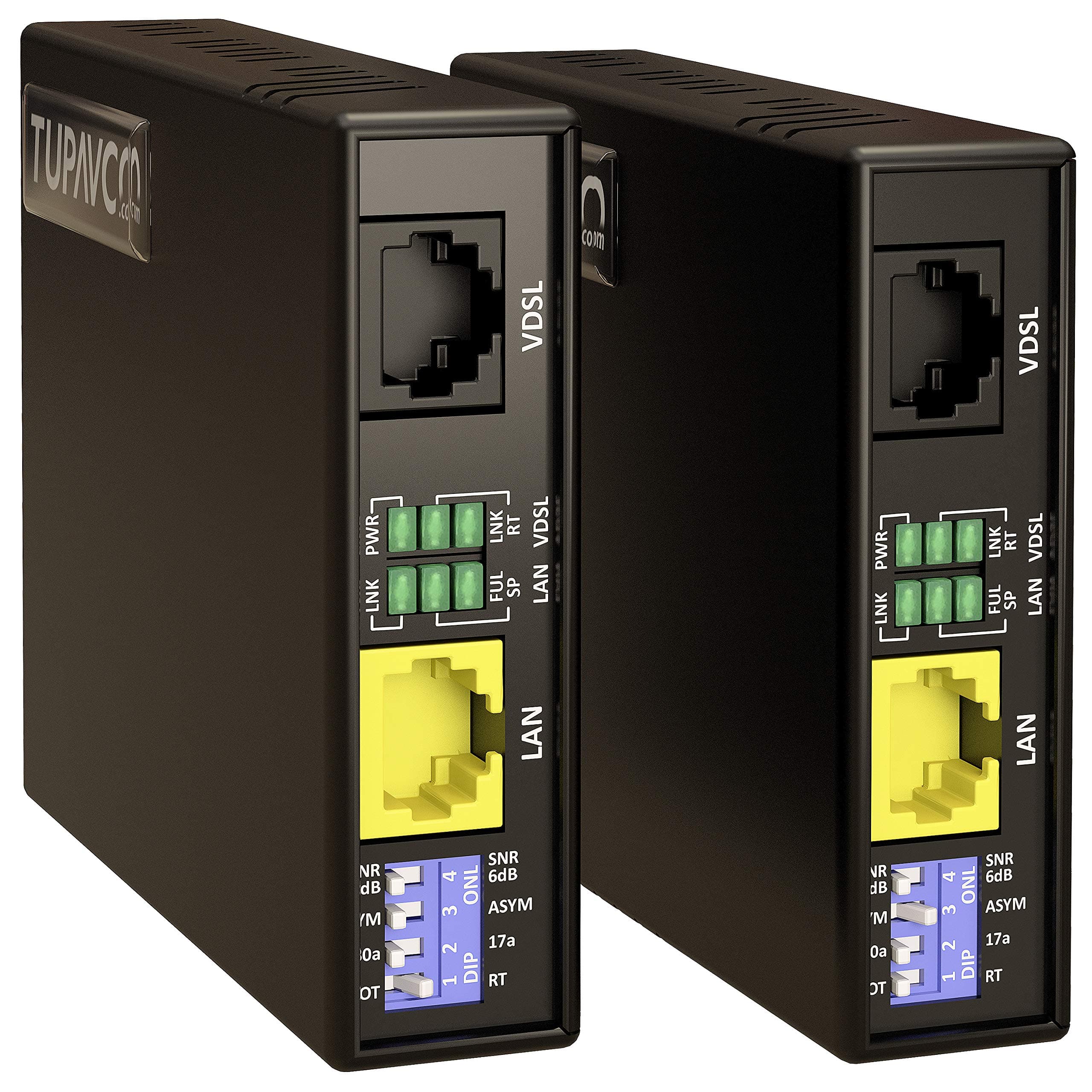 Tupavco Ethernet Extender Kit Over Phone Line or RJ45 Cable Range up to 7000 ft - 2pc Pair TEX-100 - LAN Network Extension over Twisted Copper Wire or CAT5/CAT6-VDSL Broadband Repeater Booster Bridge